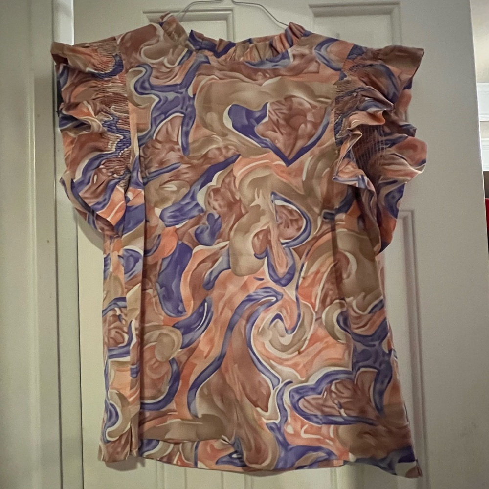 JODIFL Abstract Ruffle Sleeve Blouse in Purple and Tan